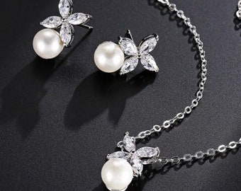 DINA Set // Pearl Diamond Necklace & Earrings Set, Bride wedding pearl jewelry set, Bridesmaid jewelry gift set, bridesmaid pearl earrings