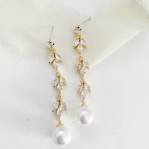 JOLIE // Pearl Drop Wedding Earrings, Drop Cubic Zirconia Bride Earrings,Statement Bridal Earrings,Long Drop Bridal wedding Earrings image 3