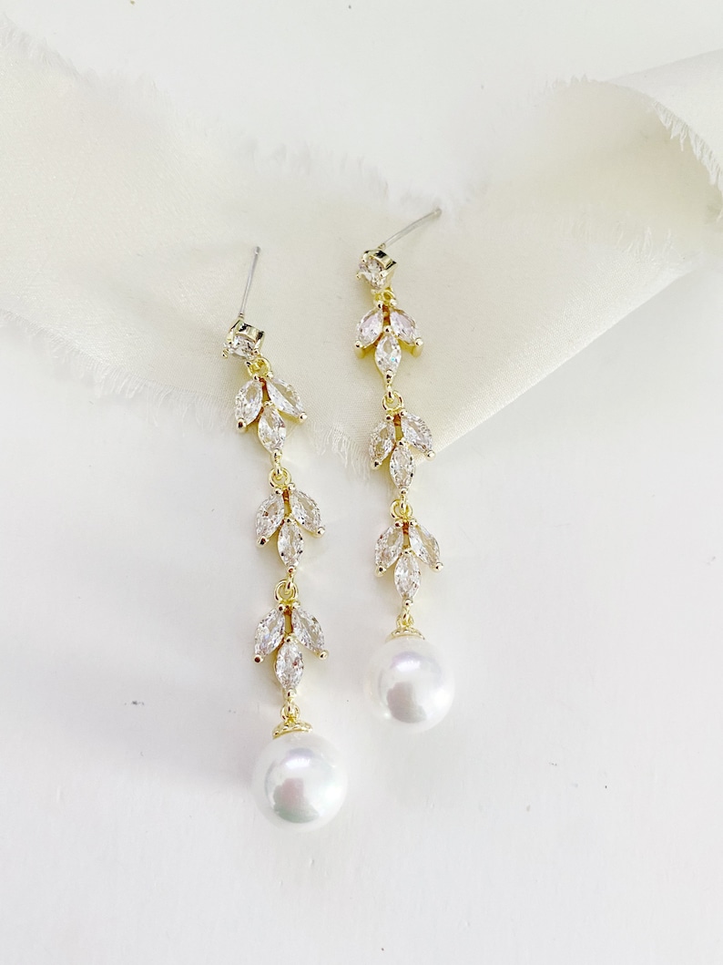 JOLIE // Pearl Drop Wedding Earrings, Drop Cubic Zirconia Bride Earrings,Statement Bridal Earrings,Long Drop Bridal wedding Earrings image 3