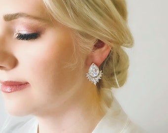 PRISCILLA Stud // Diamond Wedding Earrings, Diamond Bridal Stud Earrings, Statement Stud CZ Earrings, Gold wedding earrings bridal jewelry