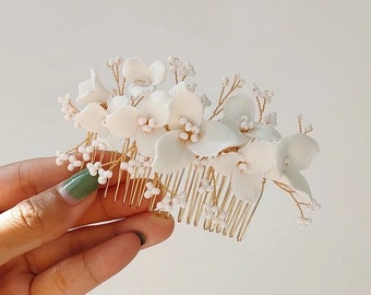 Porcelain White Floral Bridal hair comb boho flower bride hair accessory floral bride headpiece unique bride comb boho bride hair / JULIETTE