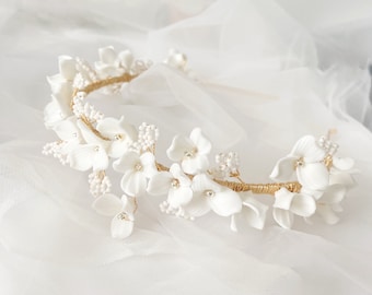 Porcelain White Floral Bridal Headband boho flower bride headband floral bride headpiece unique bride headband boho bride hair / JULIETTE