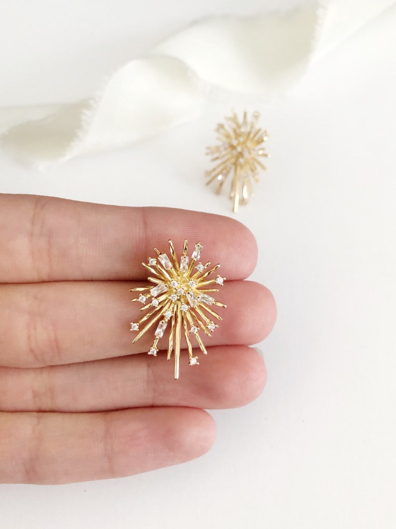 YANNA // Gold Starburst Statement Large Stud Wedding Earrings,Gold Diamond Bridal Stud Earrings, Stud Earrings,Gold wedding bridal earrings image 9