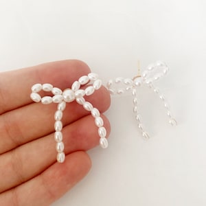 Pearl Bow Earrings pearl unique Bridal Earrings Pearl Bridal wedding Earrings bridal shower earrings pearl statement earrings / MYLEA