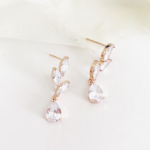 CAMILLA // Diamond Leaves Drop Wedding Earrings, Silver Diamond Bridal Earrings, drop CZ  Gold wedding earrings, rose gold bridal earrings