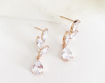 CAMILLA // Diamond Leaves Drop Wedding Earrings, Silver Diamond Bridal Earrings, drop CZ  Gold wedding earrings, rose gold bridal earrings