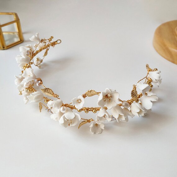 KIRIAN // Porcelain White Floral Bridal Headband, Boho
