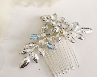 Silver Leaf and Opal Rhinestone hair pin, bride hair accessory, Bride Comb, bride headpiece, Bridal hair clip,Hair Jewelry, bridal hair pin