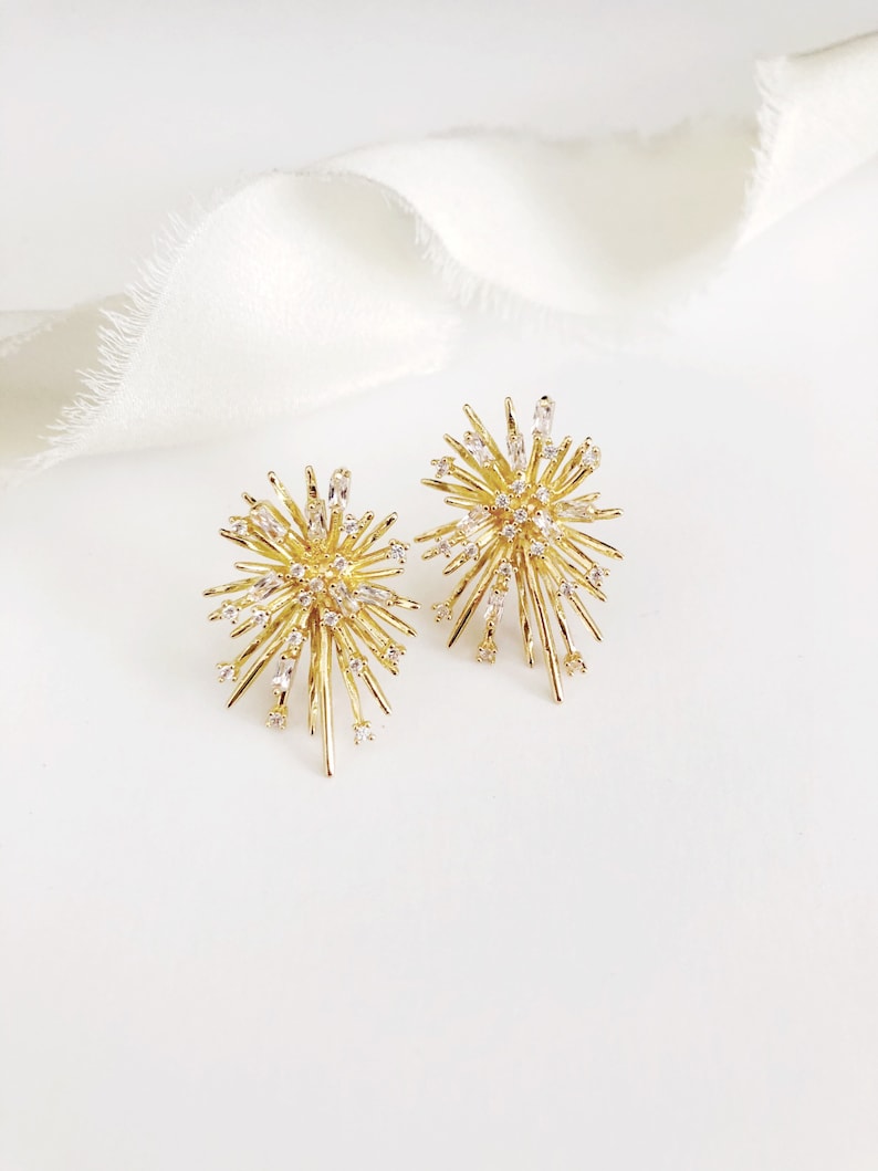 YANNA // Gold Starburst Statement Large Stud Wedding Earrings,Gold Diamond Bridal Stud Earrings, Stud Earrings,Gold wedding bridal earrings image 10