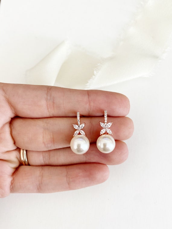 Earrings, Large White Freshwater Baroque Drop Pearls with Diamonds, 14KW -