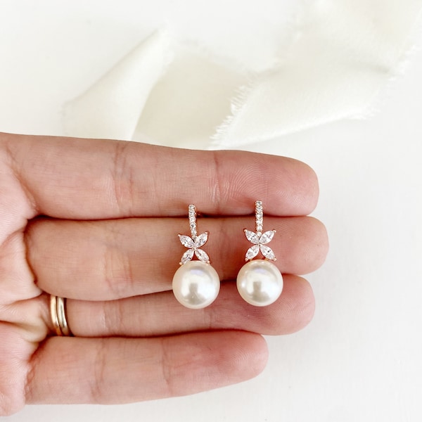 DIXIE // Pearl Diamond Wedding Earrings, Diamond Bridal drop Earrings, CZ Earrings, Rose Gold wedding earrings, pearl earrings bridesmaid