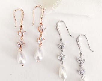 JANETT // Pearl Diamond Leaf Drop Wedding Earrings, long pearl earrings, pearl drop Earrings, wedding earrings, pearl earrings bridesmaid