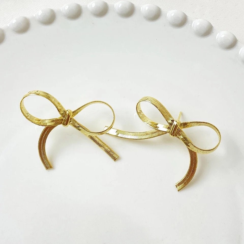 Cute Pink Bow Earrings , Kawaii Jewelry , Cute Jewelry - 14k gold plated
