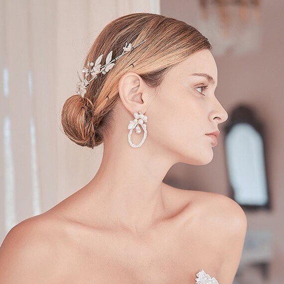 EILAN Pearl Hoop Wedding Earrings Pearl modern Bride Earrings Bridal Statement Earrings Wedding flower earrings unique bridal earrings