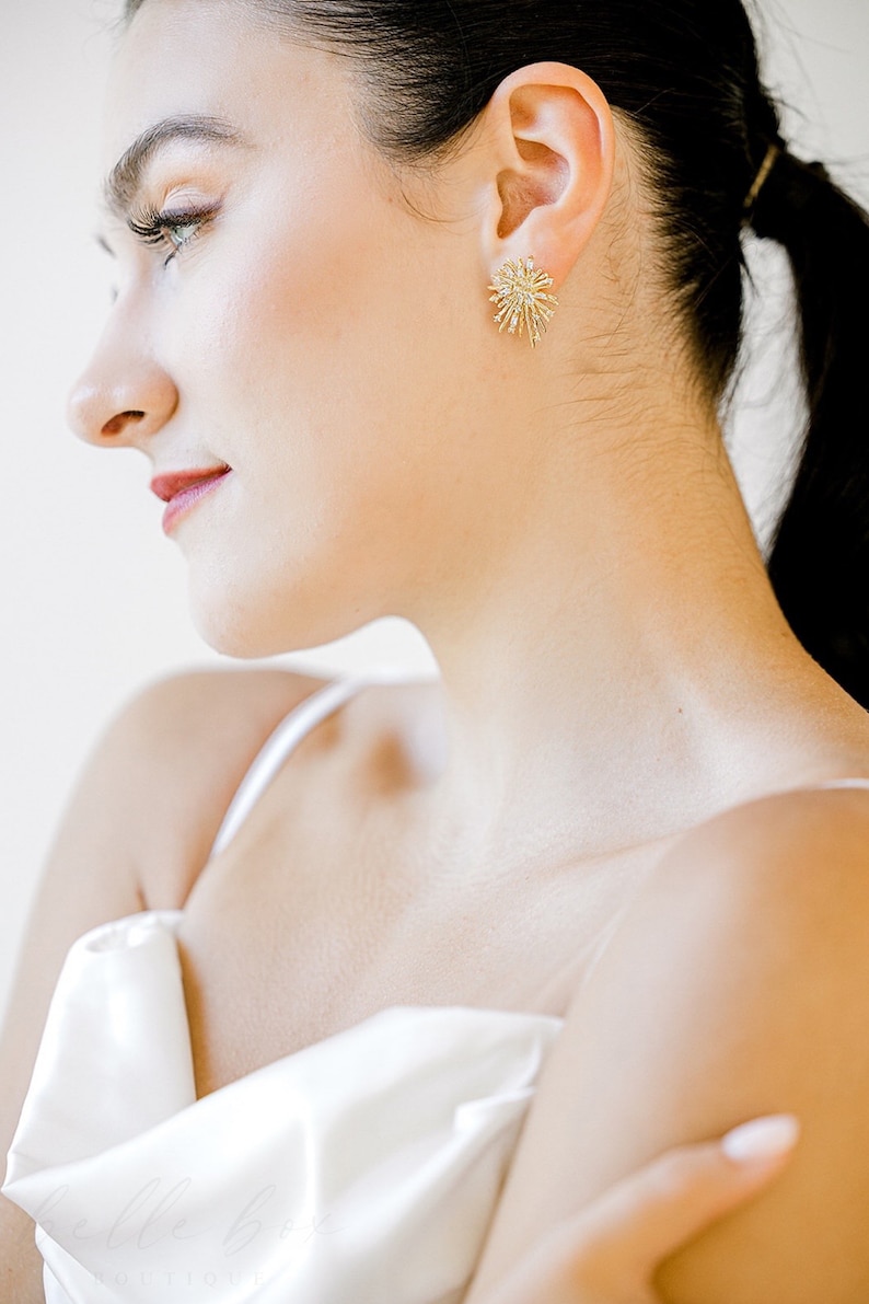 YANNA // Gold Starburst Statement Large Stud Wedding Earrings,Gold Diamond Bridal Stud Earrings, Stud Earrings,Gold wedding bridal earrings image 3