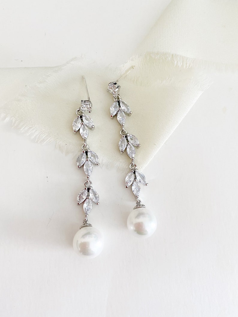 JOLIE // Pearl Drop Wedding Earrings, Drop Cubic Zirconia Bride Earrings,Statement Bridal Earrings,Long Drop Bridal wedding Earrings image 2