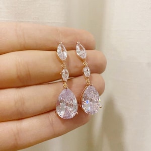 MALLORY // Simple Long Drop Rose Gold Diamond Drop Wedding Earrings, Zircon Earrings,long Bridal Earrings, Wedding Drop CZ diamond Earrings