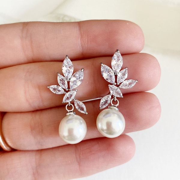 KATIA Pearl // Pearl Drop Wedding Earrings, Drop Cubic Zirconia Bride Earrings,Statement Bridal Earrings,Long Drop Bridal wedding Earrings