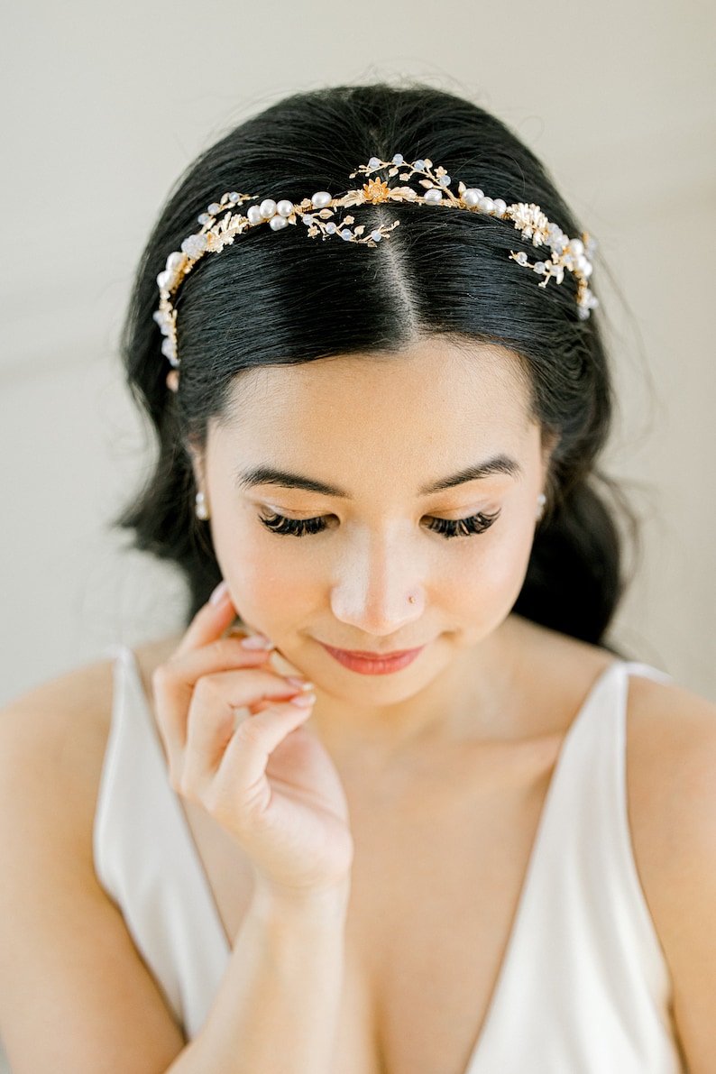 YULIA // Pearl Headband, Simple Diamond Tiara Bridal Headband, Modern simple Tiara headpiece, Crown tiara headband wedding image 2