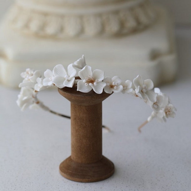 CELENA// Porcelain White Floral Bridal Headband, boho flower bride headband, floral bride headpiece, unique bride headband, boho bride hair image 9