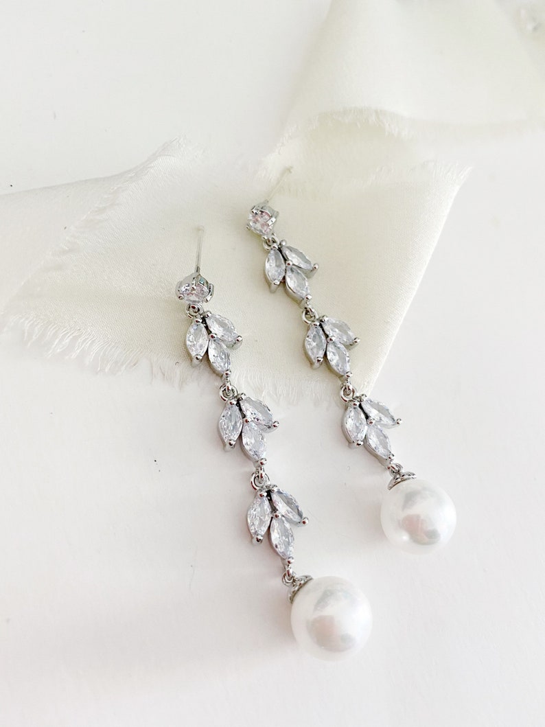 JOLIE // Pearl Drop Wedding Earrings, Drop Cubic Zirconia Bride Earrings,Statement Bridal Earrings,Long Drop Bridal wedding Earrings image 6