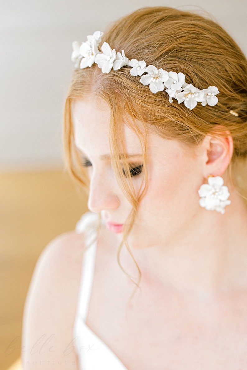 CELENA// Porcelain White Floral Bridal Headband, boho flower bride headband, floral bride headpiece, unique bride headband, boho bride hair image 2