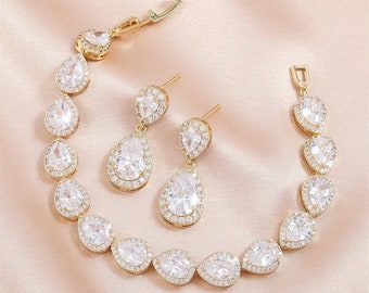 Bridal Bracelet Earring Diamond Wedding Jewelry Set Zirconia Jewelry Set silver Bridal Earrings jewelry set Bridal accessory set / CANDACE