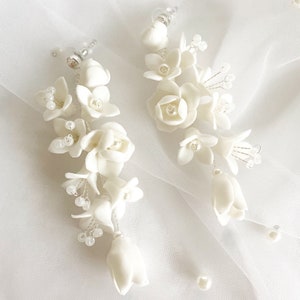 MARIELLE // Flower Wedding Earrings, Long floral Bride Earrings, Bridal Statement Earrings, Wedding flower earrings, Garden party earrings