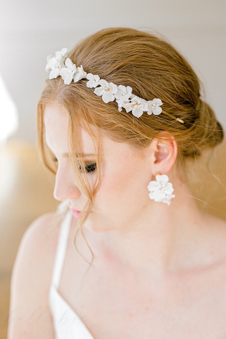 CELENA// Porcelain White Floral Bridal Headband, boho flower bride headband, floral bride headpiece, unique bride headband, boho bride hair image 5