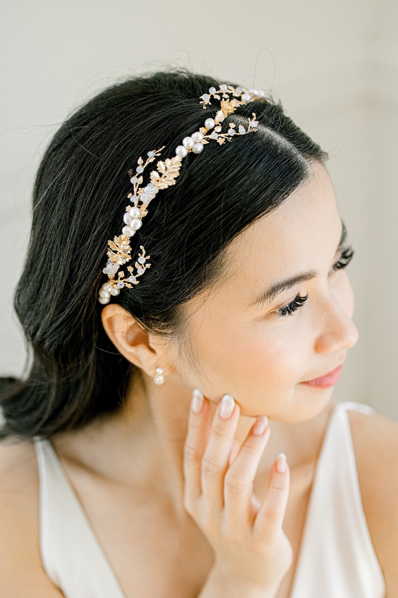 YULIA // Pearl Headband, Simple Diamond Tiara Bridal Headband, Modern simple Tiara headpiece, Crown tiara headband wedding image 1