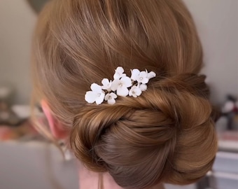MATILDE // Porcelain floral gold hair pins, Pearl boho  gold pearl hair pin,bride hair accessory,garden floral bridal wedding