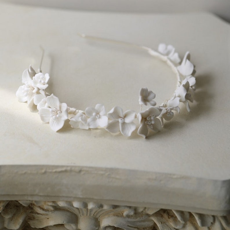 CELENA// Porcelain White Floral Bridal Headband, boho flower bride headband, floral bride headpiece, unique bride headband, boho bride hair image 10