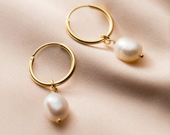 LAIS //freshwater pearl Hoop Wedding Earrings, Gold pearl drop hoop Earrings, Pearl bridesmaid proposal earrings, bridesmaid christmas gift