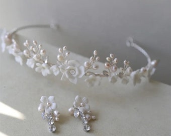 Pearl Porcelain White Floral Bridal Headband pearl flower bride headband floral bride headpiece unique bride headband bridal hair / VIENNA