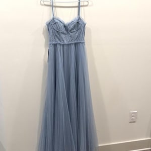 christian siriano bridesmaid dresses Bridal for Azazie Blue Skinny Strapped Dress A8 us-full-price Size:15 / 35 Forest Flared Pants -