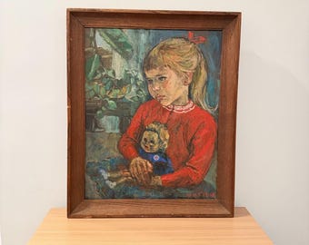 VTG Oil Painting Young Girl Holding A Doll Artist M.M. Flemming Dec 1958