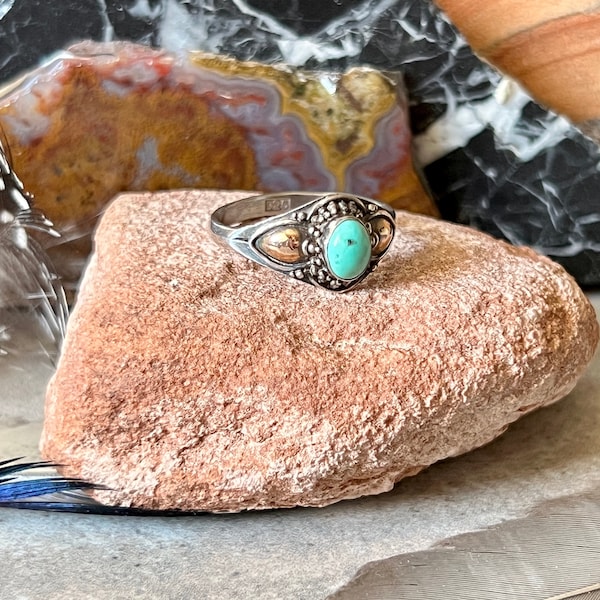 Turquoise Inlayed with Copper Ring, Stamped 925, Sterling Silver Jewelry, Old Pawn Jewelry, Boho Jewelry