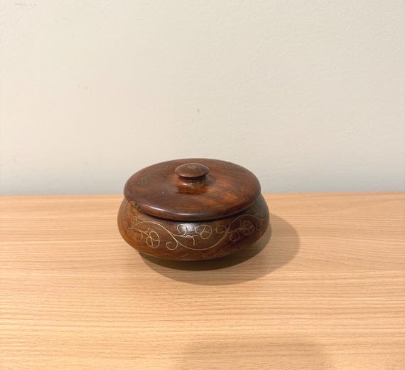 Vintage Decorative Wooden Round Trinket Jewelry Candy Box