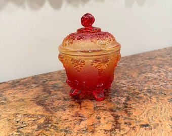 Vintage Jeannette Glass Amberina Footed Lidded Candy Dish