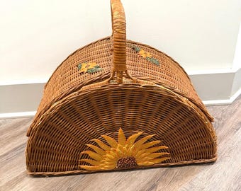 Vintage 1970's Wicker picnic Basket, Half moon Shaped with Sunflowers FULL SET