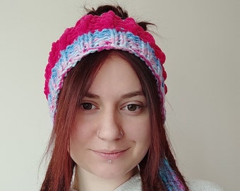 Serre-tête dreadlocks coucher de soleil : tricot duveteux rose et bleu