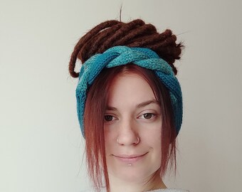 Serre-tête tressé bleu-vert : serre-tête en laine mérinos acrylique