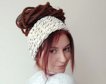 Serre-tête en tricot tressé pour dreadlocks - beige et bleu