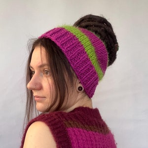 Handmade Knit Dreadlocks Beanie "Beetle glitz": Purple, Green, Glitter Threads