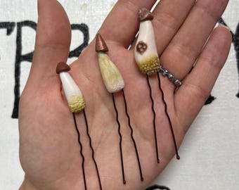 Lot d'épingles à champignon faites main – Champignons forestiers naturels bruns et bronze | Épingles dreadlocks bohèmes