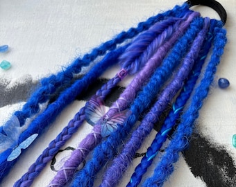 Dreads papillon bleu violet sur bande élastique : coiffure festival
