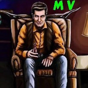 May include: An illustration of a man seated in a brown armchair, holding a bottle. He wears a brown vest over an orange shirt and blue jeans. The text "MV" is in green above him, and "LOT 2" is in red below.
