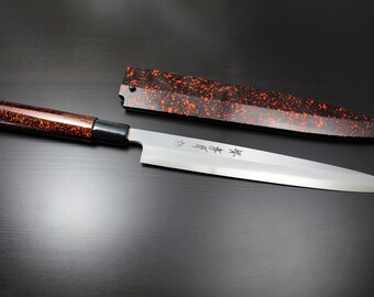 Japanese Shobu Sashimi Knife: Shikisai Kincha, 240mm with Saya