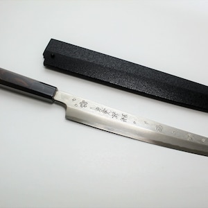 Japanese Kengata Yanagiba Knife: Ginsan Stainless Steel, Hanafubuki Hien, 270mm