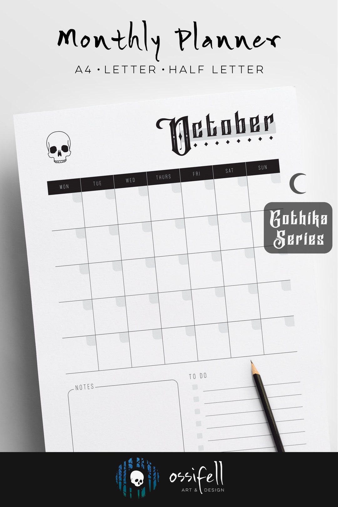 Undated Minimal Gothic Monthly Planner Printable Year Insert Calendar ...